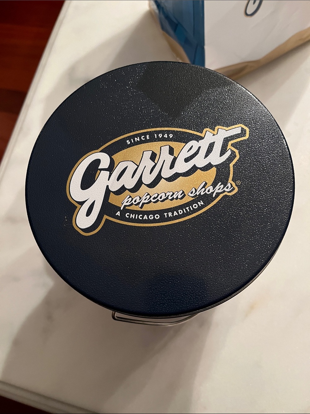 Garrett Popcorn Shops Tin and Shopping Bag - Blue & Black Stripe EMPTY - Picture 3 of 12